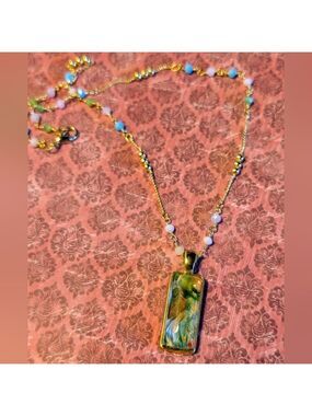 Handmade dainty gold and green fluid art pendant necklace